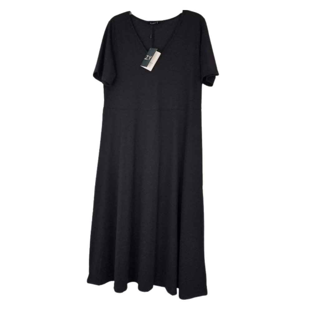 C. O. Z. Y. Black V-Neck Jersey Knit Dress - Women's L
